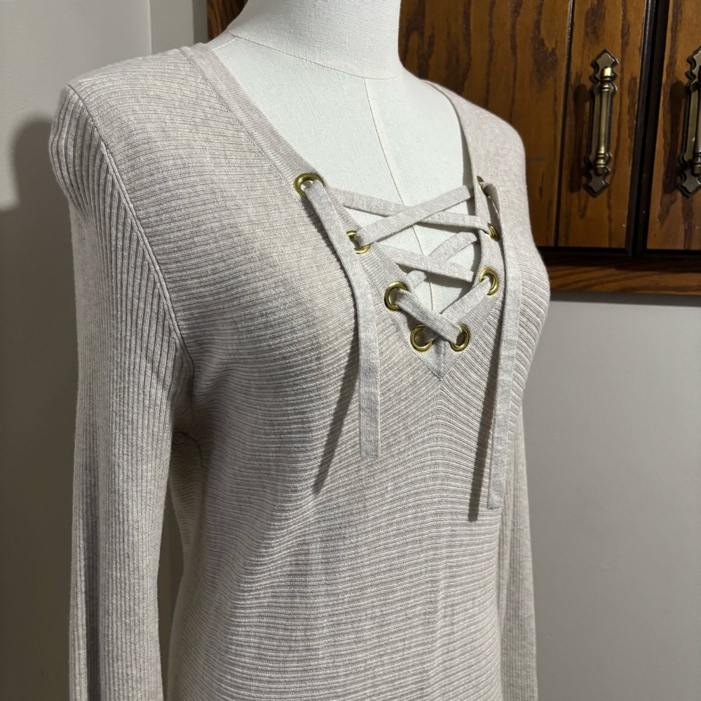 INC Beige Boho V-Neck Fringe Tunic Sweater Style Dress Size Large Lace Up Front - Picture 3 of 8